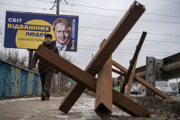 UKR: Boards With Portraits Of USA And GB Leaders In Bucha Town, Ukraine