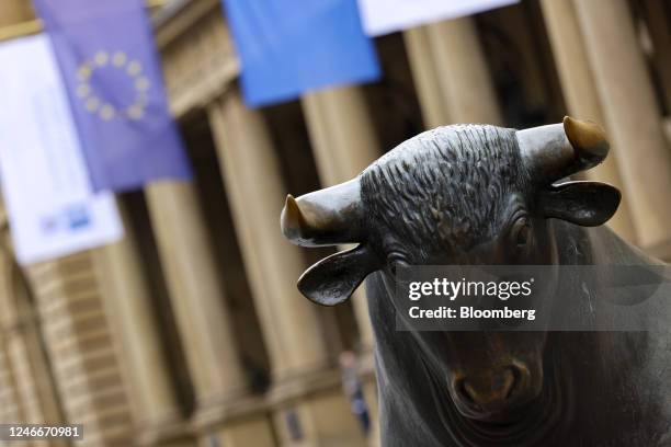 The bull statue outside the Frankfurt Stock Exchange, operated by Deutsche Boerse AG ,in Frankfurt, Germany, on Monday, Jan. 30, 2022. European...