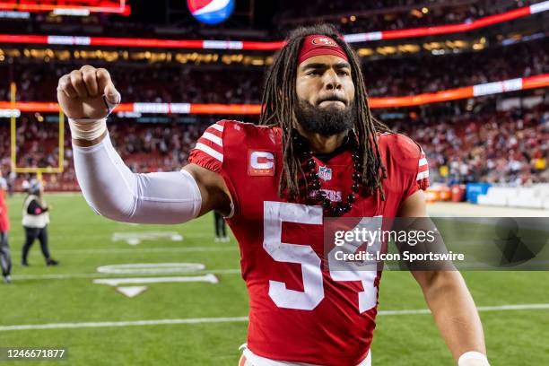 San Francisco 49ers linebacker Fred Warner walks off the field after the NFL NFC Divisional Playoff game between the Dallas Cowboys and San Francisco...