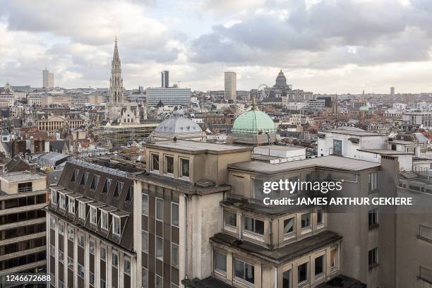 The Brussels skyline with Brussels city hall, The Hotel and the Justice Palace seen from the recently opened Brucity building, in the city center of...