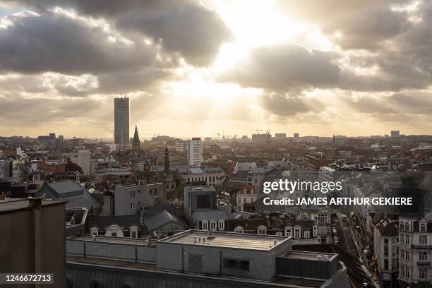 The Brussels skyline with the tower called Tour du Midi - Zuidertoren seen from the recently opened Brucity building, in the city center of Brussels,...