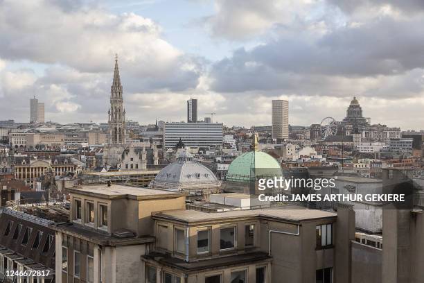 The Brussels skyline with Brussels city hall, The Hotel and Brussels' justice palace is seen from the recently opened Brucity building, in the city...