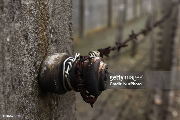 Detail of electric fence at the former Nazi German Auschwitz I concentration camp at Memorial and Museum Auschwitz-Birkenau during the 78th...