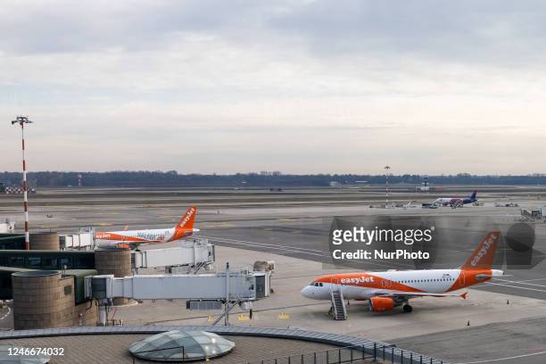 Two easyJet airplanes in Milan Malpensa Airport, in Milan, Italy, on January 22, 2023.