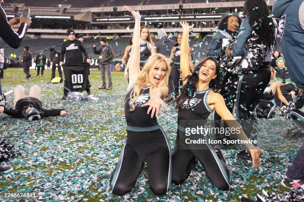 Philadelphia Eagles cheerleaders celebrate during the Championship game between the San Fransisco 49ers and the Philadelphia Eagles on January 29,...