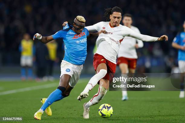 Victor Osimhen of SSC Napoli and Chris Smalling of AS Roma battle for the ball during the Serie A match between SSC Napoli and AS Roma at Stadio...