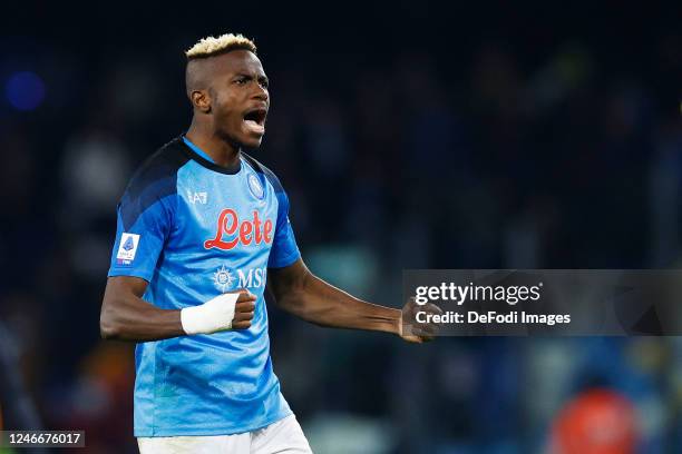 Victor Osimhen of SSC Napoli celebrates after winning the Serie A match between SSC Napoli and AS Roma at Stadio Diego Armando Maradona on January...