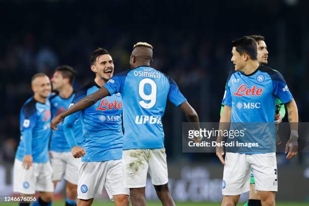 Eljif Elmas of SSC Napoli and Victor Osimhen of SSC Napoli celebrate after winning the Serie A match between SSC Napoli and AS Roma at Stadio Diego...