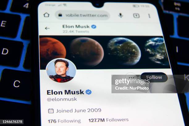 Official Twitter account of Elon Musk is displayed on a mobile phone screen photographed for the illustration photo. Krakow, Poland on January 30,...