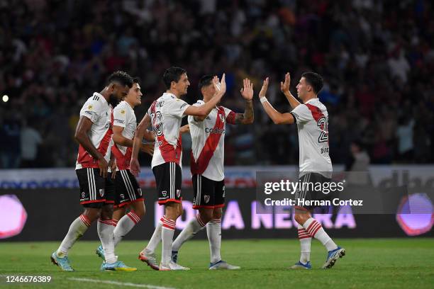 Ignacio Fernandez of River Plate celebrates after scoring the team's first goal during a match of Liga Profesional 2023 between Central Cordoba and...