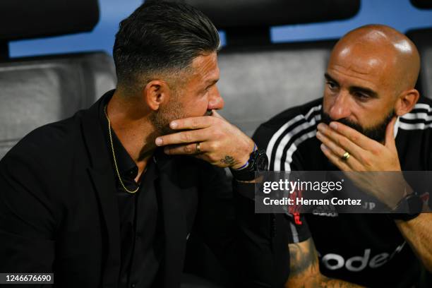 Martín Demichelis coach of River Plate and Javier Pinola of River Plate during a match of Liga Profesional 2023 between Central Cordoba and River...