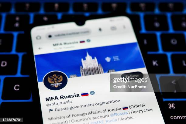 Official Twitter account of the Ministry of Foreign Affairs of Russia is displayed on a mobile phone screen photographed for the illustration photo....