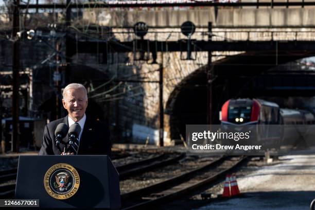 President Joe Biden speaks at the Baltimore and Potomac Tunnel North Portal on January 30, 2023 in Baltimore, Maryland. The tunnel is 150 years old...