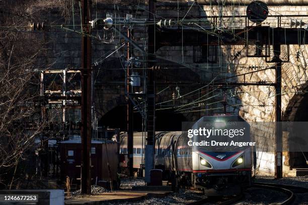 An Amtrak train moves through the Baltimore and Potomac Tunnel before an event featuring U.S. President Joe Biden at the site on January 30, 2023 in...