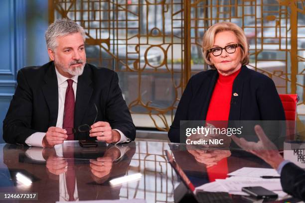 Pictured: Stephen Hayes, CEO and Editor, The Dispatch, and Former Sen. Claire McCaskill appear on Meet the Press in Washington, D.C. Sunday, Jan. 29,...