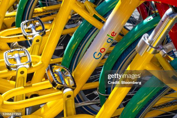 Bicycles at Google headquarters in Mountain View, California, US, on Monday, Jan. 30, 2023. Alphabet Inc. Is expected to release earnings figures on...