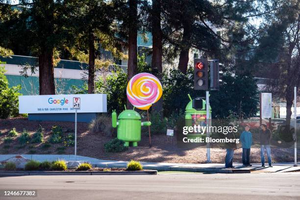 Android mascots at Google headquarters in Mountain View, California, US, on Monday, Jan. 30, 2023. Alphabet Inc. Is expected to release earnings...