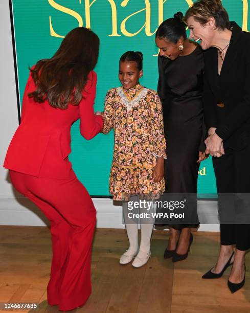 Britain's Catherine, Princess of Wales talks with Rochelle Humes , her daughter Alaia Mai Humes and Kate Silverton as she attends a pre-campaign...