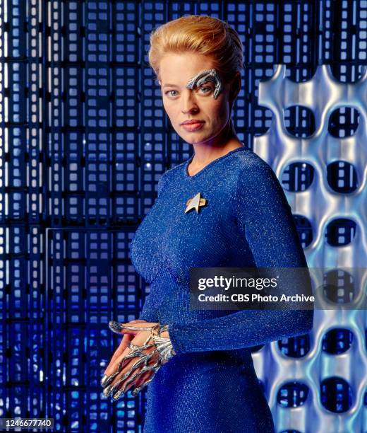 Star Trek: Voyager. A UPN television sci-fi series. Premiere episode broadcast January 16, 1995. Pictured is Jeri Ryan .