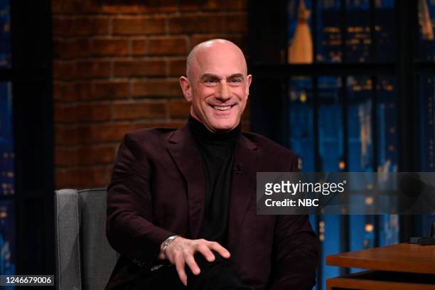 Episode 1385 -- Pictured: Actor Christopher Meloni during an interview with host Seth Meyers on January 30, 2023 --