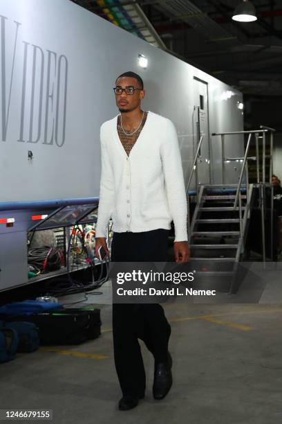 Nicolas Claxton of the Brooklyn Nets arrives to the arena before the game against the Los Angeles Lakers on January 30, 2023 at Barclays Center in...