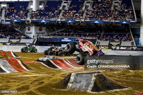 Moster Truck Jester Monster performs during the Monster Jam show at the LoanDepot Park in Miami, Florida, on January 29, 2023. - The event was part...