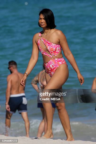 Chanel Iman is seen on the beach on January 30, 2023 in Miami Beach, Florida.