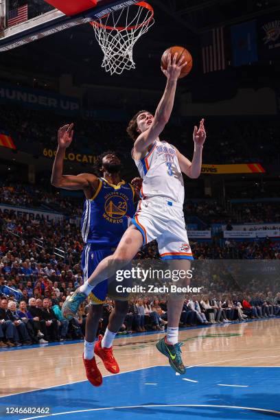 Josh Giddey of the Oklahoma City Thunder drives to the basket during the game on January 30, 2023 at Paycom Arena in Oklahoma City, Oklahoma. NOTE TO...