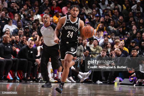 Cam Thomas of the Brooklyn Nets dribbles the ball during the game against the Los Angeles Lakers on January 30, 2023 at Barclays Center in Brooklyn,...