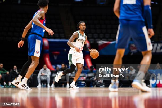 Jordan Bone of the Wisconsin Herd handles the ball against the Long Island Nets on January 30, 2023 at Nassau Coliseum in Uniondale, New York. NOTE...