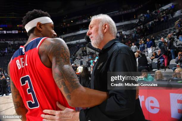 Head Coach Gregg Popovich of the San Antonio Spurs embraces Bradley Beal of the Washington Wizards after the game on January 30, 2023 at the AT&T...