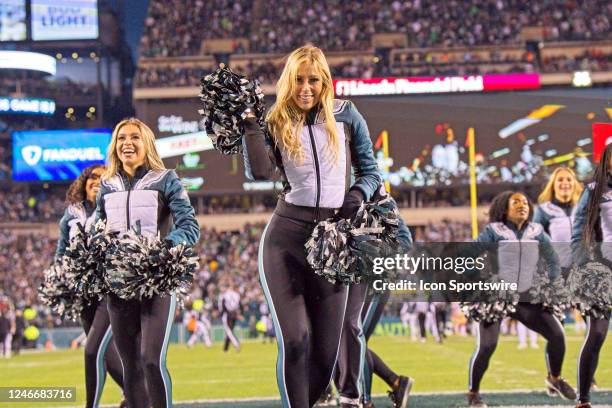 Philadelphia Eagles cheerleaders perform during the Championship game between the San Fransisco 49ers and the Philadelphia Eagles on January 29, 2023.