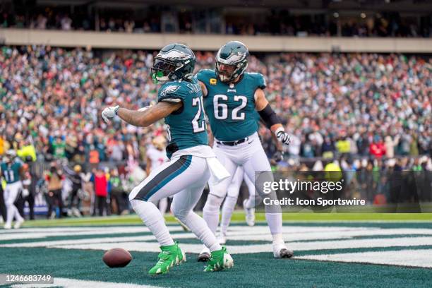 Philadelphia Eagles running back Miles Sanders and Philadelphia Eagles center Jason Kelce dance after a touchdown during the Championship game...