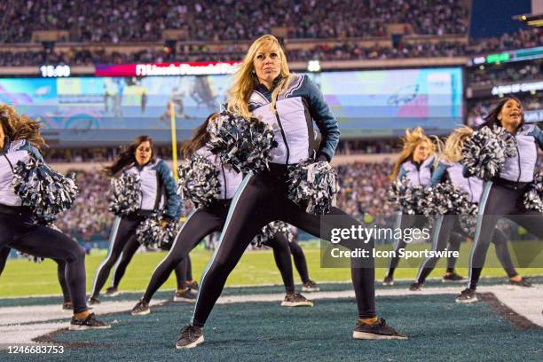 Philadelphia Eagles cheerleaders perform during the Championship game between the San Fransisco 49ers and the Philadelphia Eagles on January 29, 2023.