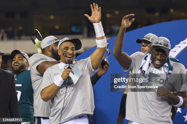 Philadelphia Eagles quarterback Jalen Hurts and Philadelphia Eagles wide receiver A.J. Brown celebrate during the Championship game between the San...