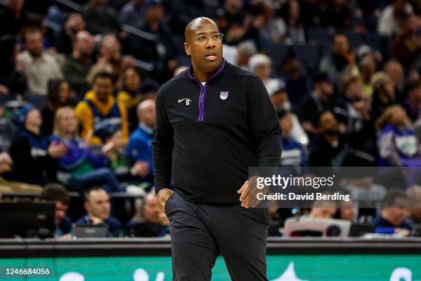 Head coach Mike Brown of the Sacramento Kings looks on against the Minnesota Timberwolves in the second quarter at Target Center on January 30, 2023...