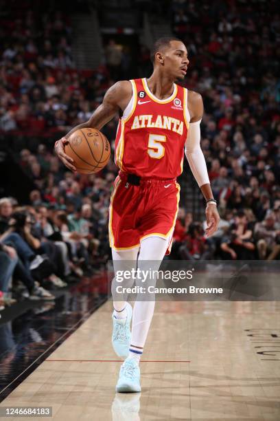 Dejounte Murray of the Atlanta Hawks handles the ball during the game against the Portland Trail Blazers on January 30, 2023 at the Moda Center Arena...