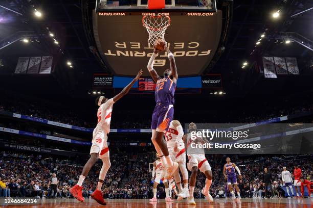 Deandre Ayton of the Phoenix Suns drives to the basket during the game against the Toronto Raptors on January 30, 2022 at Footprint Center in...