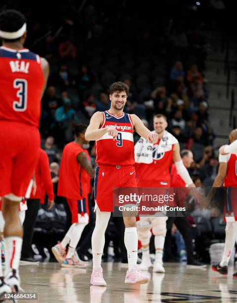 Deni Avdija of the Washington Wizards celebrates after a basket against the San Antonio Spurs in the second half at AT&T Center on January 30, 2023...