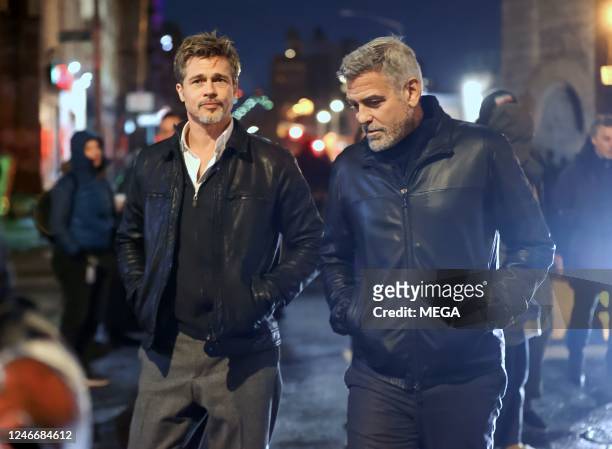 Brad Pitt and George Clooney are seen on the set of 'Wolves' on January 30, 2023 in New York, NY.