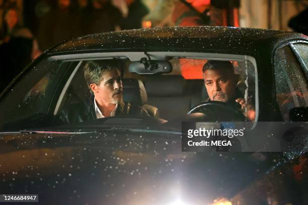 Brad Pitt and George Clooney are seen on the set of 'Wolves' on January 30, 2023 in New York, NY.