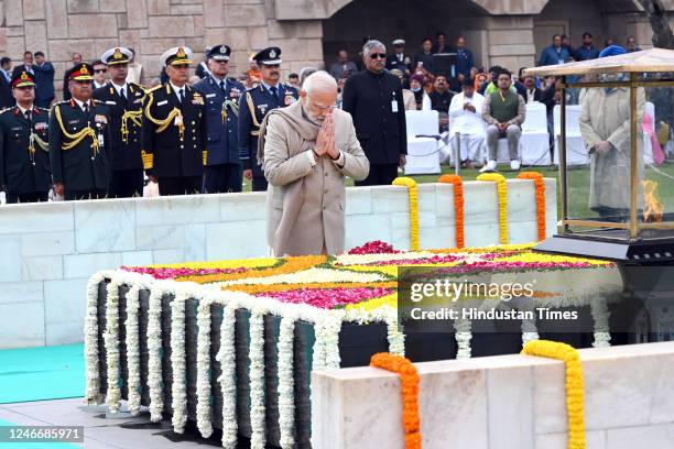 Prime Minister Narendra Modi pays tribute to Mahatma Gandhi at Rajghat on the occasion of Martyrs' Day, observed to mark the death anniversary of the...