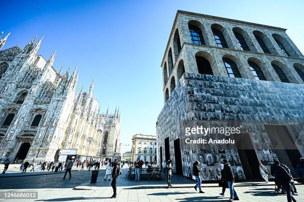 General view of the installation entitled âOra tocca a voiâ by participatory art project Inside Out by French artist JR in Piazza Duomo in Milan,...