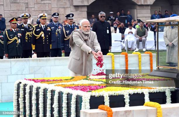 Prime Minister Narendra Modi pays tribute to Mahatma Gandhi at Rajghat on the occasion of Martyrs' Day, observed to mark the death anniversary of the...