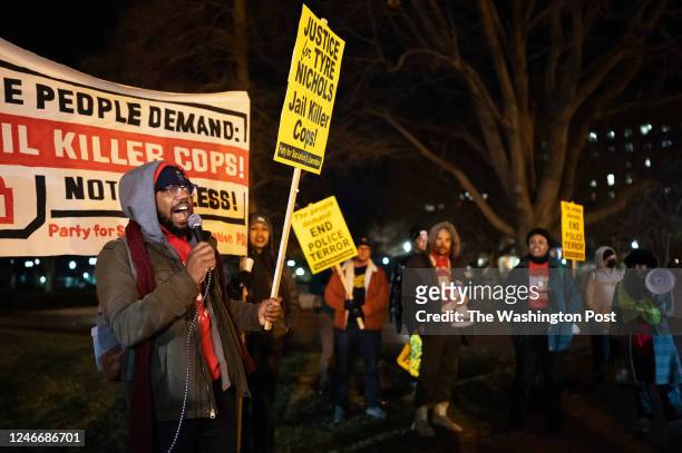 Demonstrators protest in anticipation of the release of body cam footage of the police homicide of Tyre Nichols in Memphis Tennessee in Lafayette...