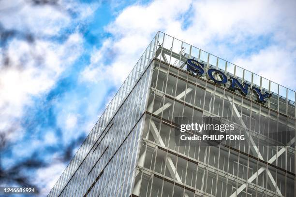 The Sony logo is seen outside the company's headquarters in Tokyo on January 31, 2023.