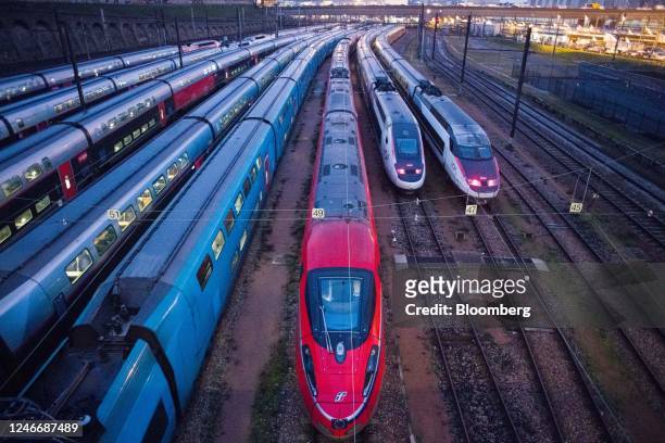 High speed passenger trains at Bercy train depot, during strike against government plans to revamp the pension system, in Paris, France, on Tuesday,...