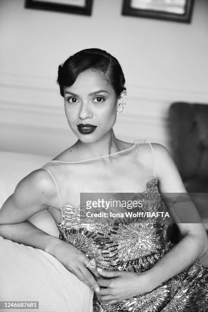 Actor Gugu Mbatha-Raw is photographed for BAFTA's Style Lounge folio at the Savoy hotel on February 11, 2021 in London, England.