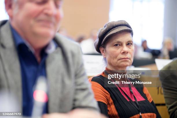 German Member of the European Parliament Martin Hausling and the Austrian MEP Sarah Wiener listen during a hearing of the Committee on Agriculture...