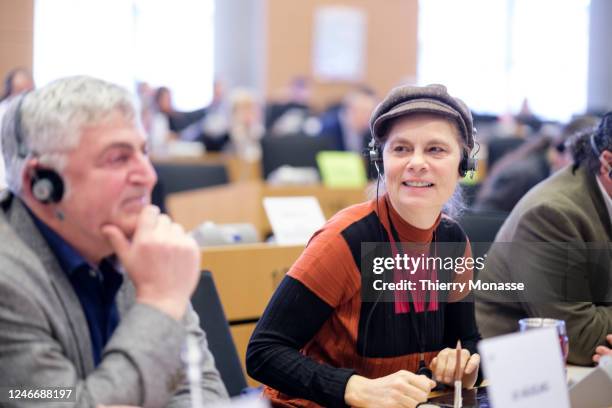 German Member of the European Parliament Martin Hausling and the Austrian MEP Sarah Wiener listen during a hearing of the Committee on Agriculture...